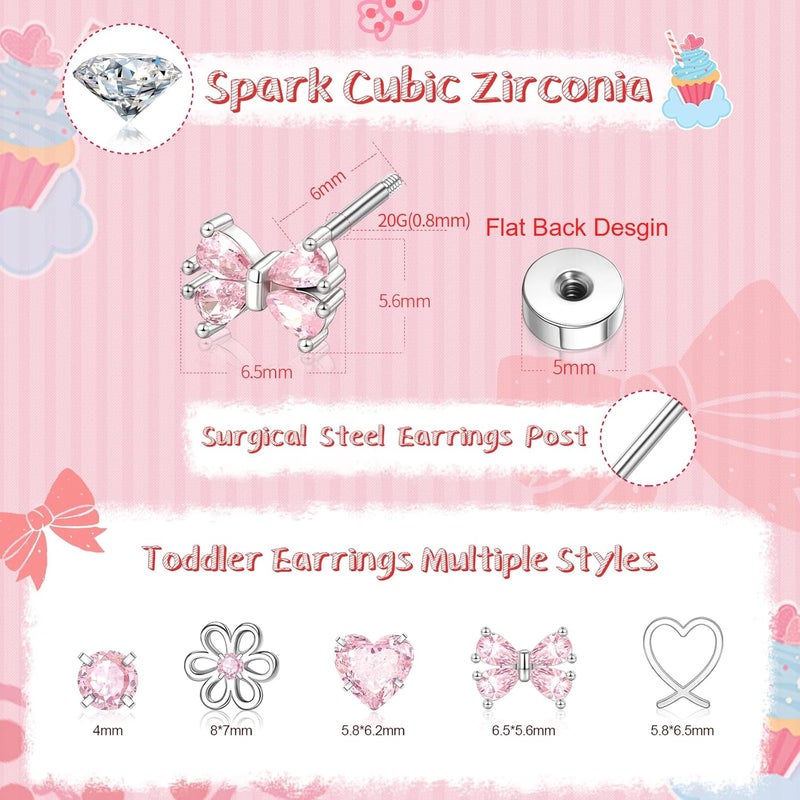 DALI Hypoallergenic Earrings for Girls,Toddler Screw Back Earrings for Kids Baby Women,Lightweight Surgical Steel Cute Pink Bow Butterfly Heart Flower CZ Flat Back Stud Earring for Sensitive Ears - Image 2